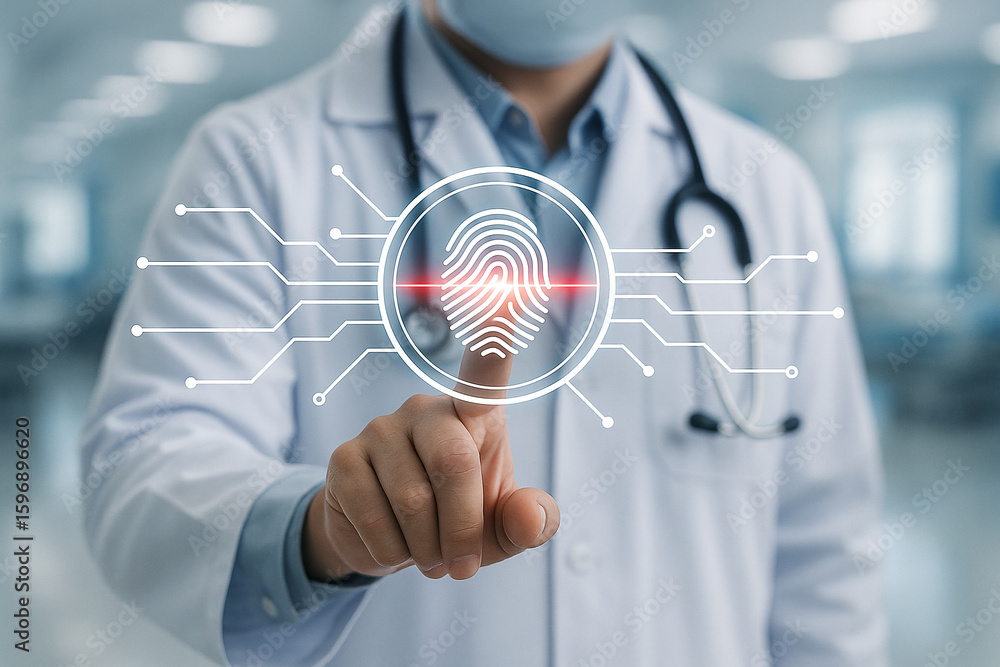 Poster doctor using fingerprint scan technology for patient identification in healthcare system access