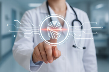 Doctor fingerprint scan technology for medical security and healthcare access control system concept image