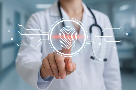 Doctor fingerprint scan technology for medical security and healthcare access control system concept image