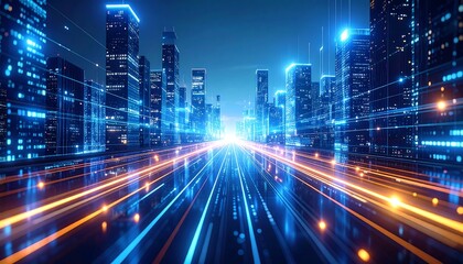 Fototapeta premium Futuristic cityscape with glowing digital pathways