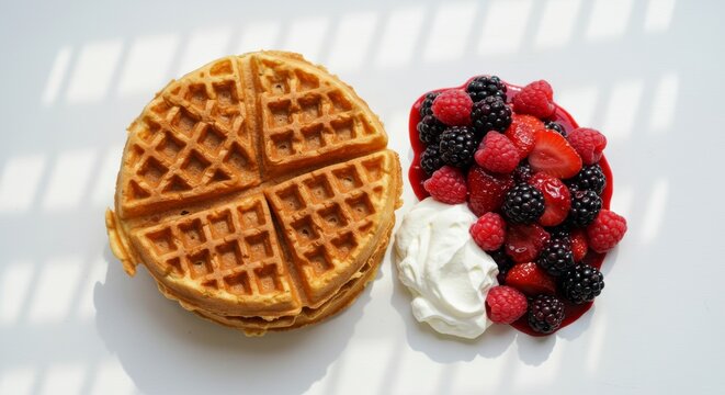 Flat lay of freshly made waffles served with mixed berries and whipped cream topping