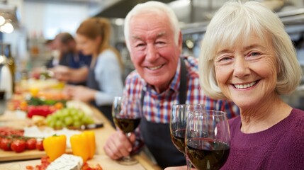 Seniors enjoying wine at a cooking class