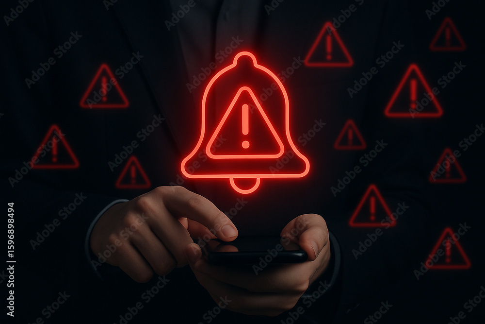 Aufkleber stay alert notification bell icon on smartphone security breach cyber attack system error warning me