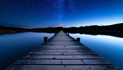 Starry night, wooden dock on tranquil lake