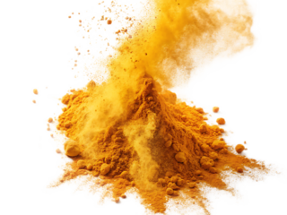 Pile of vibrant yellow powder with a cloud of dust against a black background image view from above