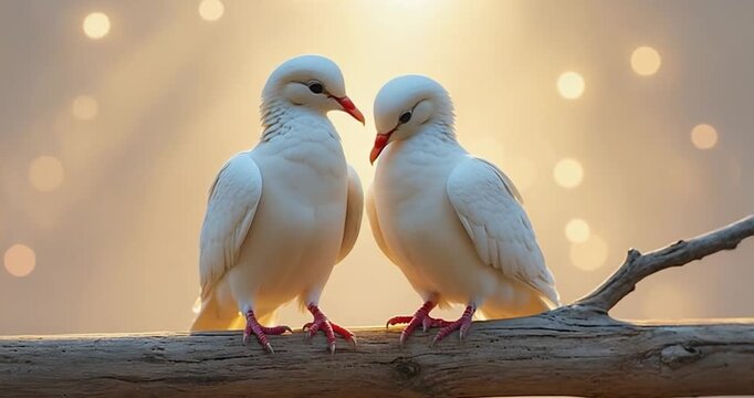 Two white doves on branch
