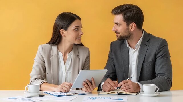 Professional business couple discussing important decisions while reviewing digital presentation on modern tablet in executive meeting