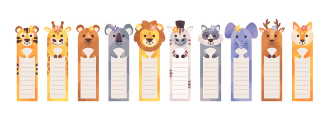 Cute wild animals bookmark kawaii paper sticker dividers for books cartoon childish design elements © wooster