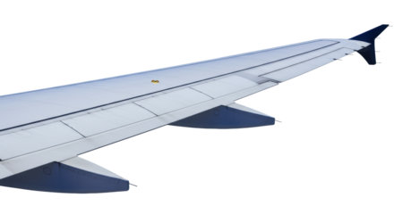 Detailed airplane wing with sharp black tip, intricate panel lines, rivets, textured metal, isolated on clean white studio background with blue gradient light, Concept of precision aviation