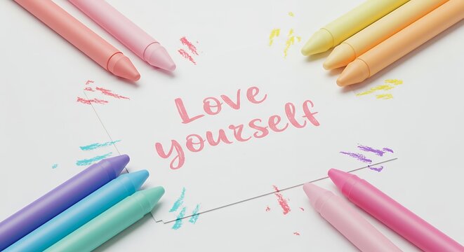 Colorful crayons forming a circle and message love yourself