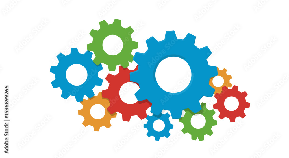 Poster interlocking gears arrangement symbolizing a complex system of interconnected parts working together