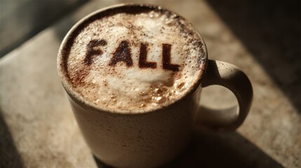 Pumpkin spice latte foam art in ceramic mug on a cozy wooden table