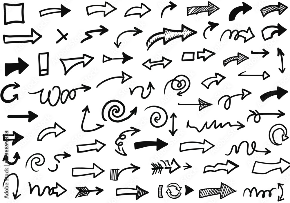 Poster collection of hand drawn arrows and symbols representing direction movement and design elements for 
