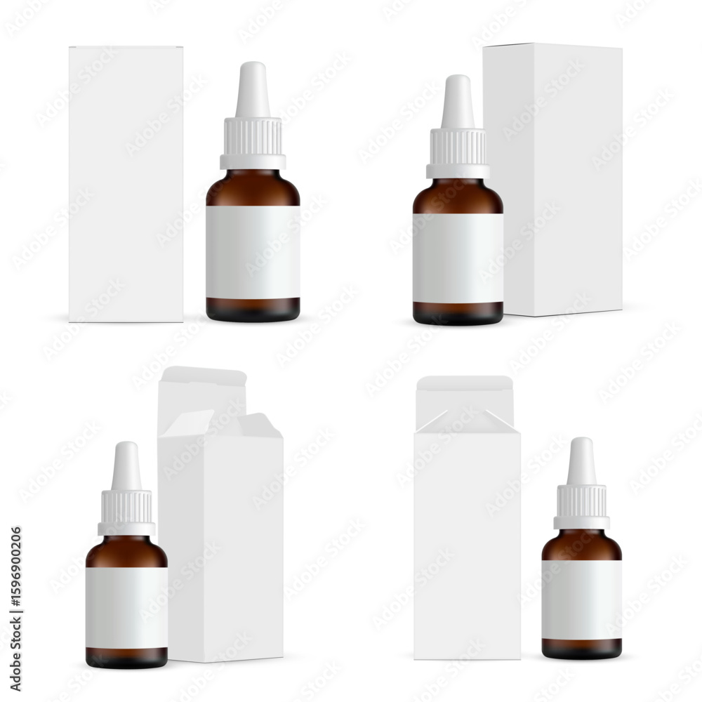 Poster high-quality mockup set of small amber dropper bottles with white caps and blank labels with cardboa