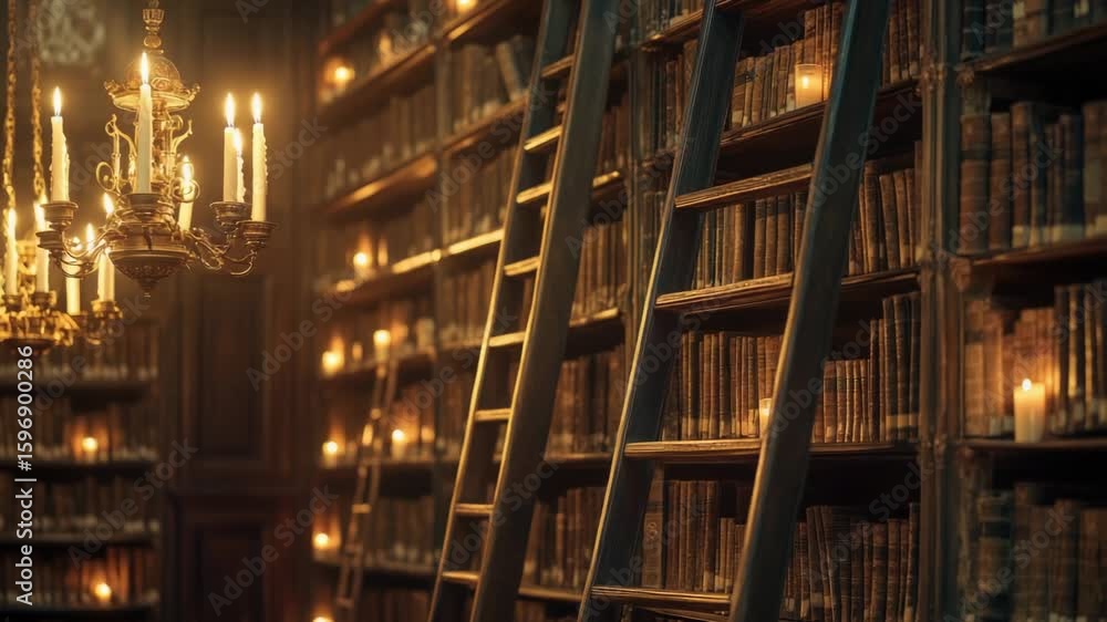 Poster a ladder leans against a bookshelf in a quiet library setting