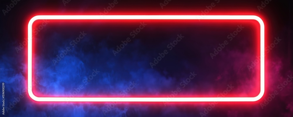 Poster red neon rectangle on dark background with striking color scheme. gray outline creates strong sense 
