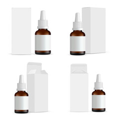 High-quality mockup set of small amber dropper bottles with white caps and blank labels with cardboard packaging boxes. The set displays multiple angles, including closed and opened boxes