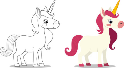 Cute standing toy unicorn isolated on white background vector illustration. Editable flat cartoon colorful style and simple black and white drawing style.