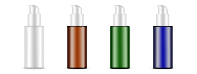Realistic mockup set of four cosmetic pump bottles in white, amber, green, and blue colors. Perfect for showcasing skincare products, serums, lotions, or haircare lines