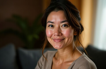 Smiling woman. Warm expression. Portrait indoors.