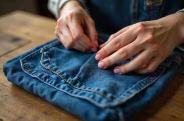 Sewing jeans. Handmade denim. Textile craft.