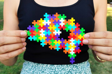 Colorful Puzzle Brain Symbol of Autism Acceptance and Neurodiversity. A missing pieces of the brain puzzle.