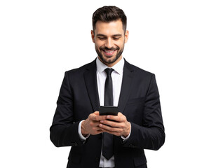 Man in suit using smartphone, PNG transparent