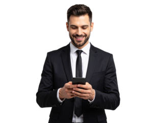 Man in suit using smartphone, PNG transparent