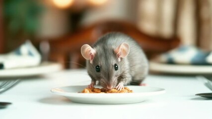 A close-up shot of a rat enjoying its meal on a plate, suitable for illustrations related to urban wildlife or rodent control