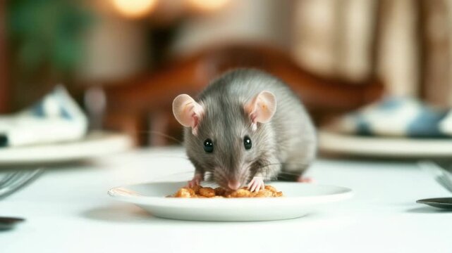 A close-up shot of a rat enjoying its meal on a plate, suitable for illustrations related to urban wildlife or rodent control