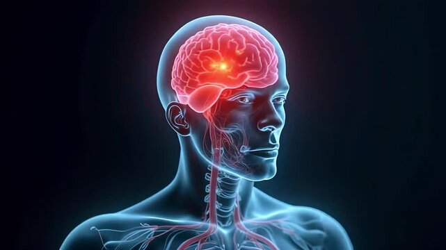 Human Brain Anatomy Displayed with Glowing Activity and Veins on a Dark Background, Perfect for Medical Visualization or Education