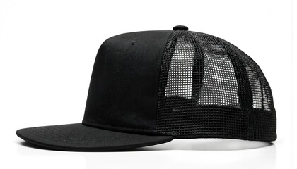 Black baseball cap with mesh front, casual, sporty look, casual fashion. Blurred background, focus on hat, cap design, sportswear, headwear, accessory.