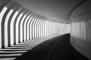 Modern architectural tunnel with sunlight creating abstract shadow lines. Futuristic structure design for urban travel and development.