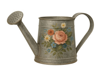 Vintage metal watering can featuring embossed rose and daisy floral pattern, standing against transparent backdrop