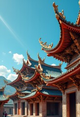 Obraz premium intricate temple roofs bright blue sky evoking spiritual serenity cultural heritage, rainbow, lgbtq, lgbt, pride, colorful, love, equality, architecture