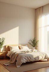 Fototapeta premium minimalist bedroom natural light cozy interior design warm atmosphere simple elegance tranquil space comfort serenity, furniture, window, blanket, decor, drapery