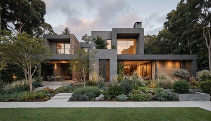 Fototapeta premium Gray concrete house with sloping roof and large windows. Two-story home surrounded by rich garden with green roof and trees. Modern architecture in urban setting, with overcast sky and soft light.