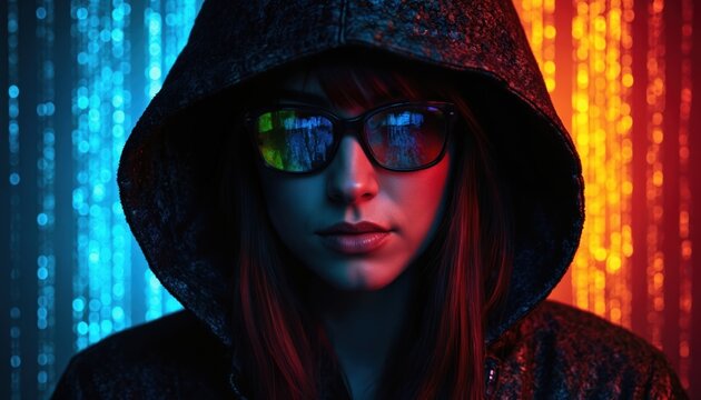 Woman in black jacket, sunglasses, long dark hair stands against dark background. Gazing off to side, with gradient colors, black to red, blue. Creating depth, movement, mysterious, anonymous, hacker