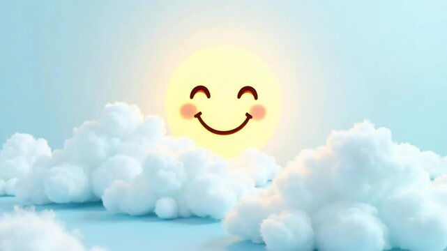 Animated Smiling Sun Peeks Through Fluffy Clouds, Spreading Positivity and Warmth on a Bright Blue Sky, Ideal for Children's Content - Powered by Adobe