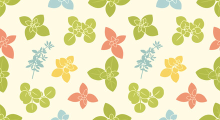 Colorful herb pattern design with various herbs and flowers.