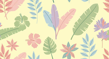 Fototapeta premium Pastel tropical floral seamless pattern featuring hibiscus, banana, and various leaves on a pale yellow background.