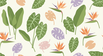 A repeating pattern featuring tropical leaves and vibrant Bird of Paradise flowers, creating a decorative design.
