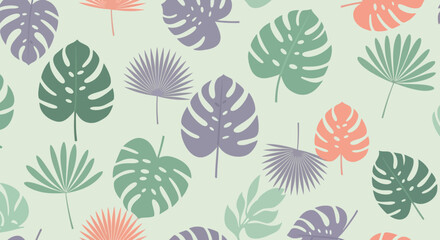 A repeating pattern featuring stylized tropical leaves in various pastel colors, arranged randomly.