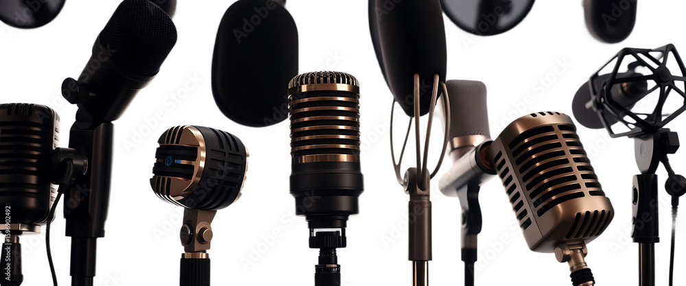 Poster different types of microphones displayed in a row for audio recording and broadcasting purposes isol
