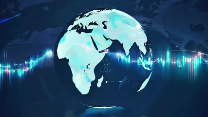 A stylized globe spins against a dark background with futuristic digital waveforms and grids, symbolizing technology, communication, and global interconnection. - Powered by Adobe