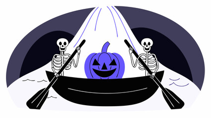 Vector art of skeletons row a pumpkin down a dark river on halloween night