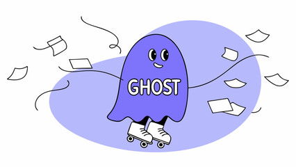 Vector art of a cartoon ghost on roller skates is surrounded by flying papers
