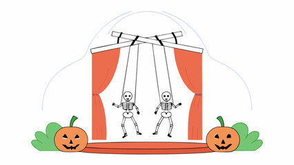 Vector art of a halloween puppet show with skeletons and pumpkins on a stage
