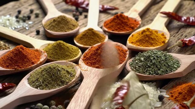 Colorful spices in wooden spoons on a rustic table