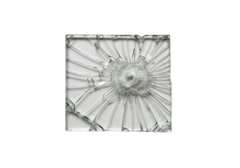 White glass sheet with delicate, intricate web-like cracks, sharp contours, presented as an extreme close-up on a stark white studio background from a top-down view, concept of fragility and damage